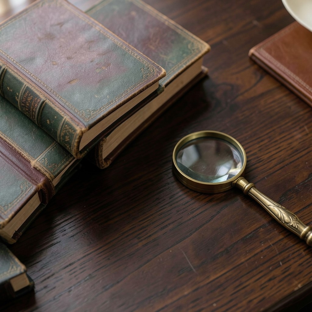 Libros jurídicos y lupa sobre mesa de madera oscura con tonos dorados