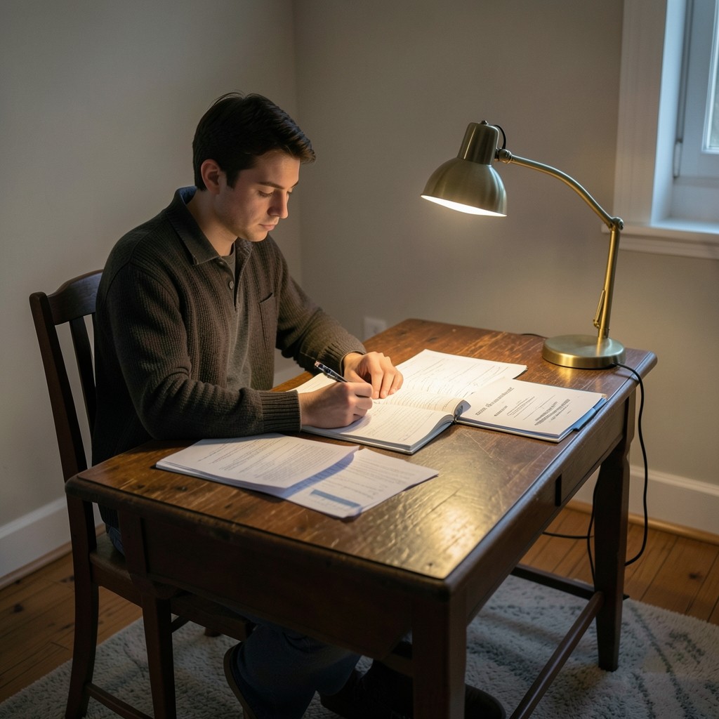 Estudiante preparando exámenes con documentos laborales al lado