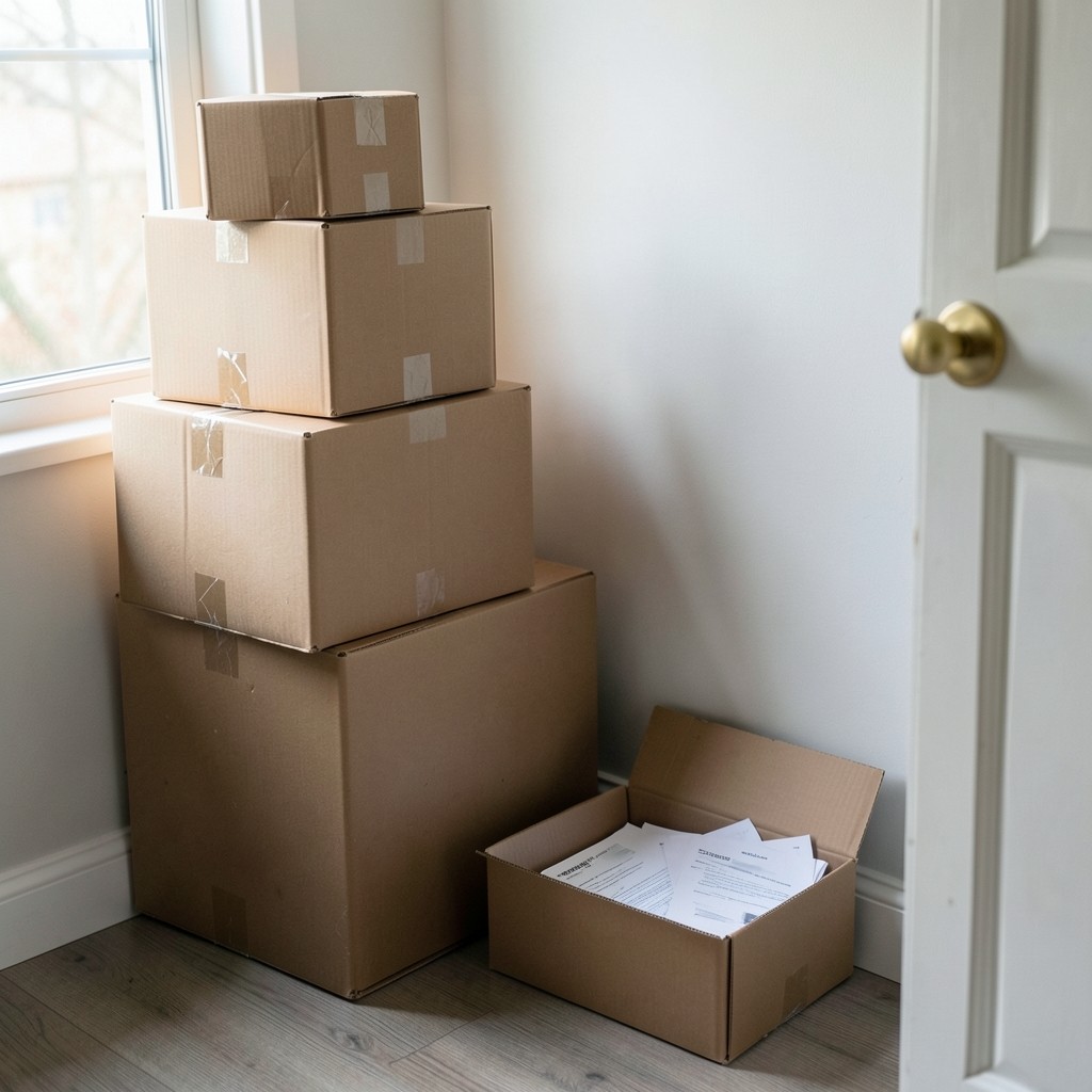Cajas de mudanza junto a documentos de contrato de trabajo