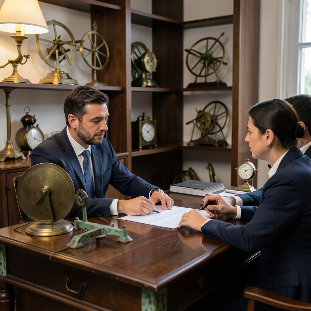 Consultora laboral revisando documentos con un cliente en oficina de madera y latón