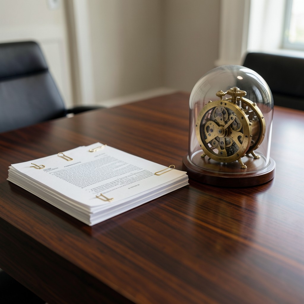 Mesa de consultoría con documentos laborales, reloj mecánico y detalles de latón