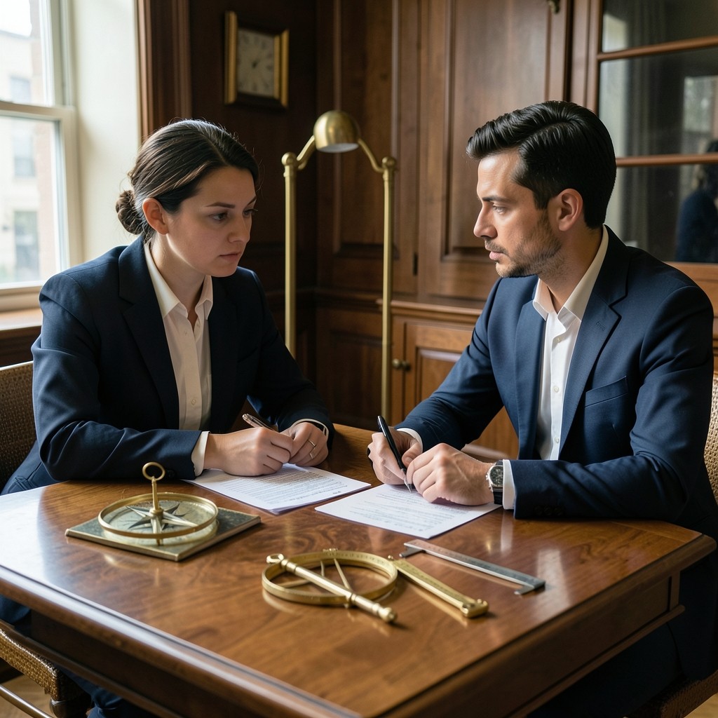 Consultora revisando documentación laboral con una persona en una oficina de madera