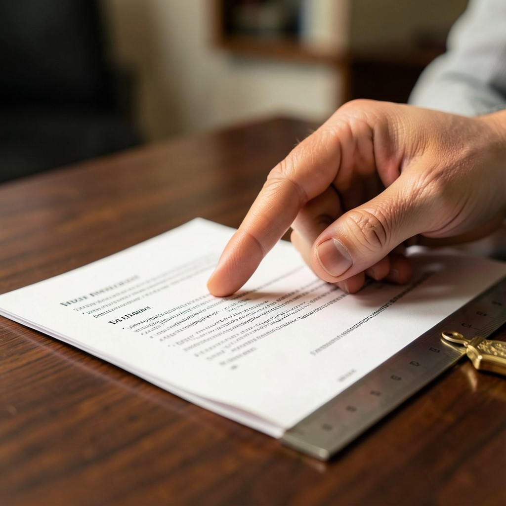 Mano señalando cláusulas en un contrato laboral sobre mesa de nogal