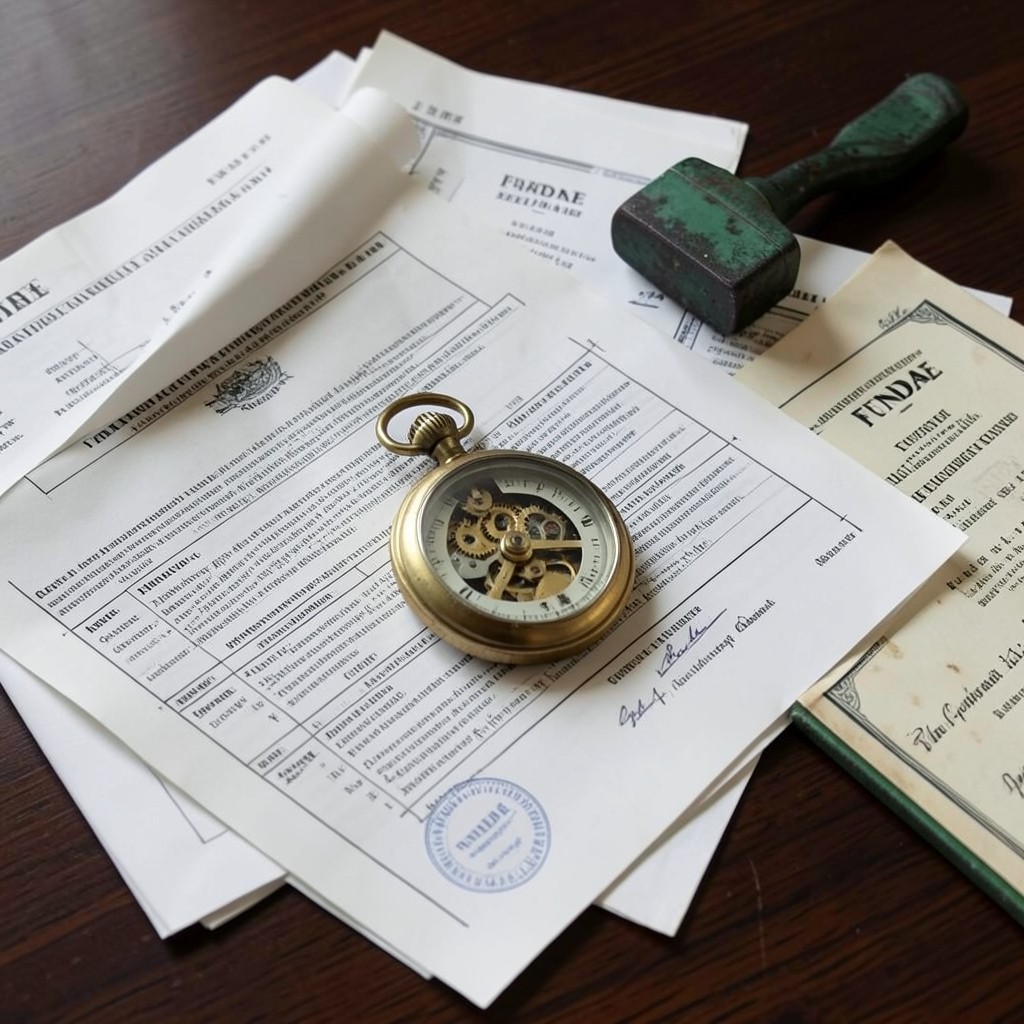 Documentos de formación profesional sobre un escritorio con reloj de latón